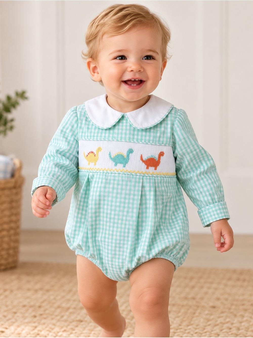 Stitchy Fish Smocked Dinosaur Gingham Bubble Romper Size 12M